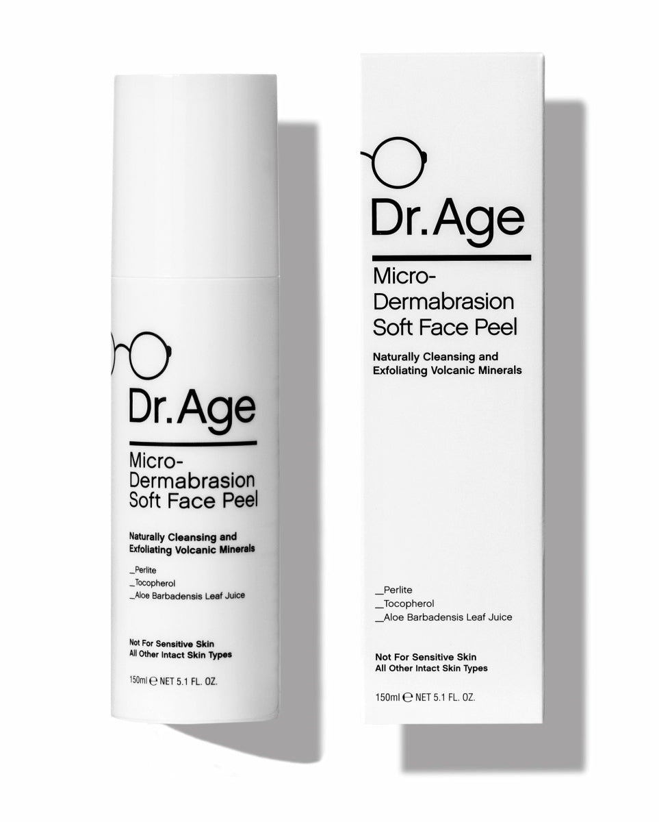Dr. Age Micro-Dermabration Soft Face Peel set, featuring a white cylindrical bottle and its matching white outer box with black text and minimalist eyeglasses logo, set against a clean white background with soft shadows.