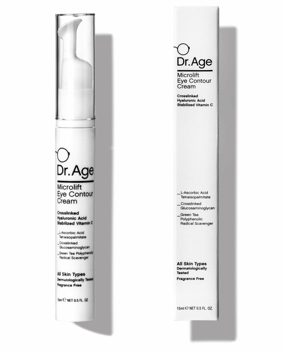 Dr. Age Microlift Eye Contour Cream in a white pump tube shown next to its matching white packaging box on a clean white background.