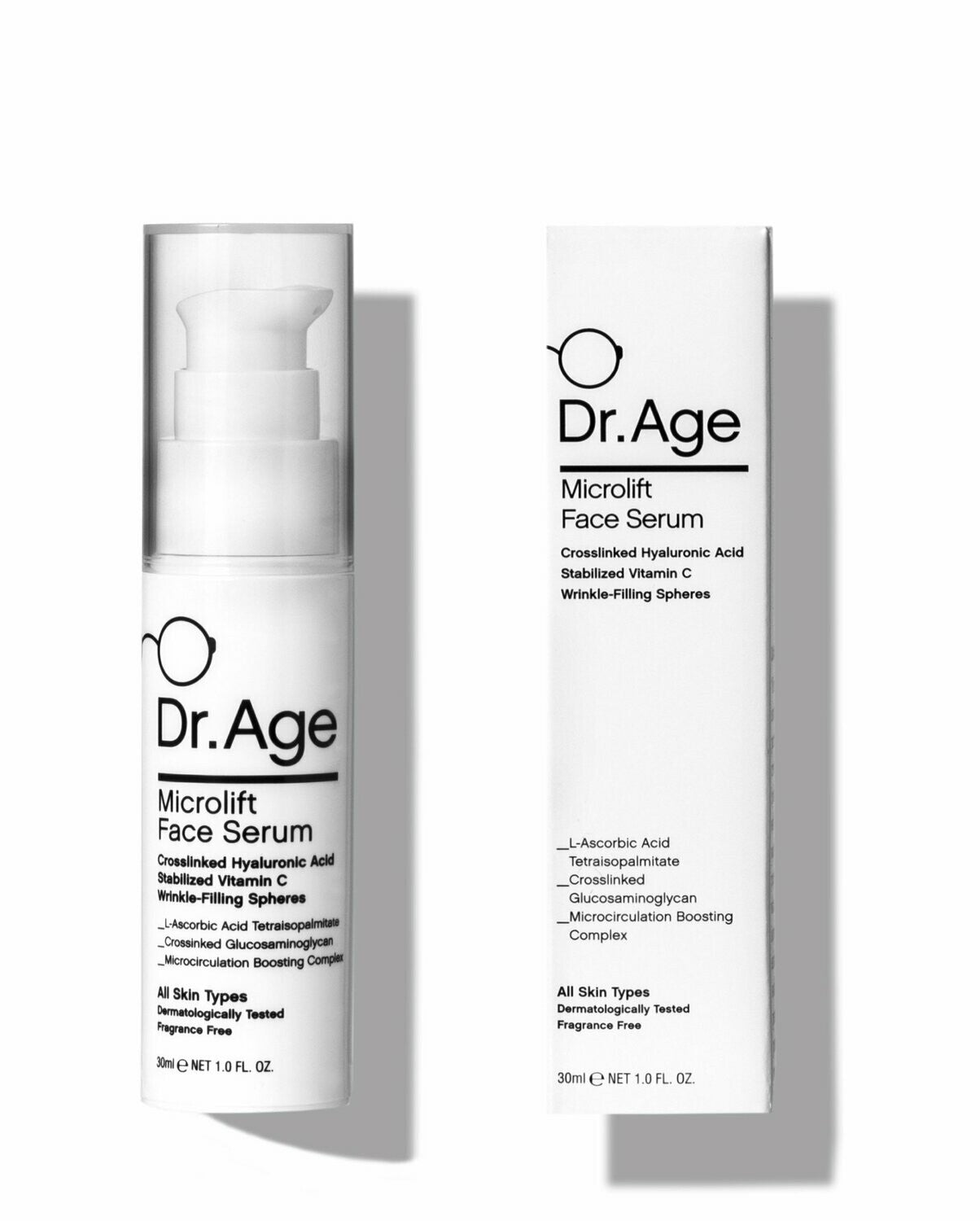Dr. Age Microlift Face Serum in a white pump bottle next to its white retail box, both featuring black text and logo on a clean white background.