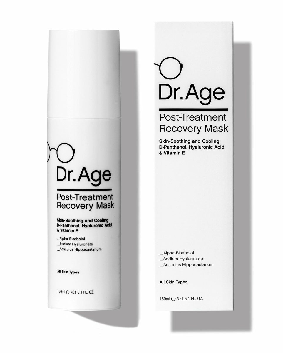 Dr. Age Post-Treatment Recovery Mask shown as a white cylindrical bottle next to its matching white rectangular box on a clean white background.