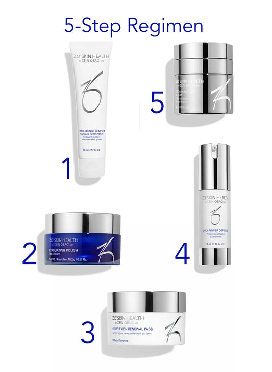 A collage showing five skincare products from ZO Skin Health arranged with blue numbers 1 through 5 and the heading '5-Step Regimen' on a white background.