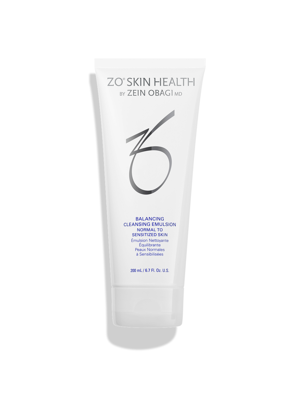 ZO Skin Health cleansing emulsion bottle on a white background.