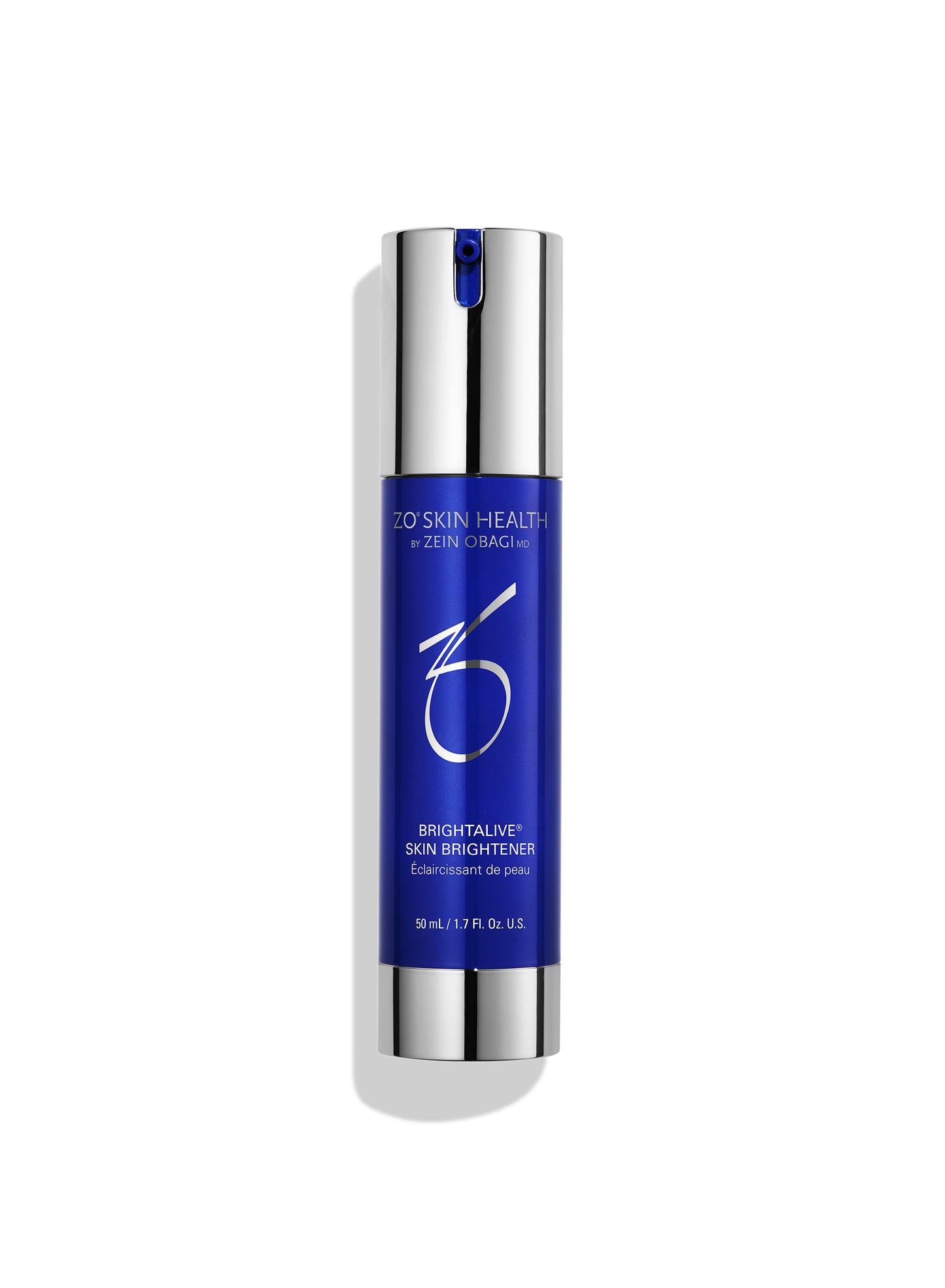 A 3D Skin Health Brightalve Skin Brightener bottle with a metallic silver cap and base, and a deep blue central label, shown on a clean white background with a soft shadow.