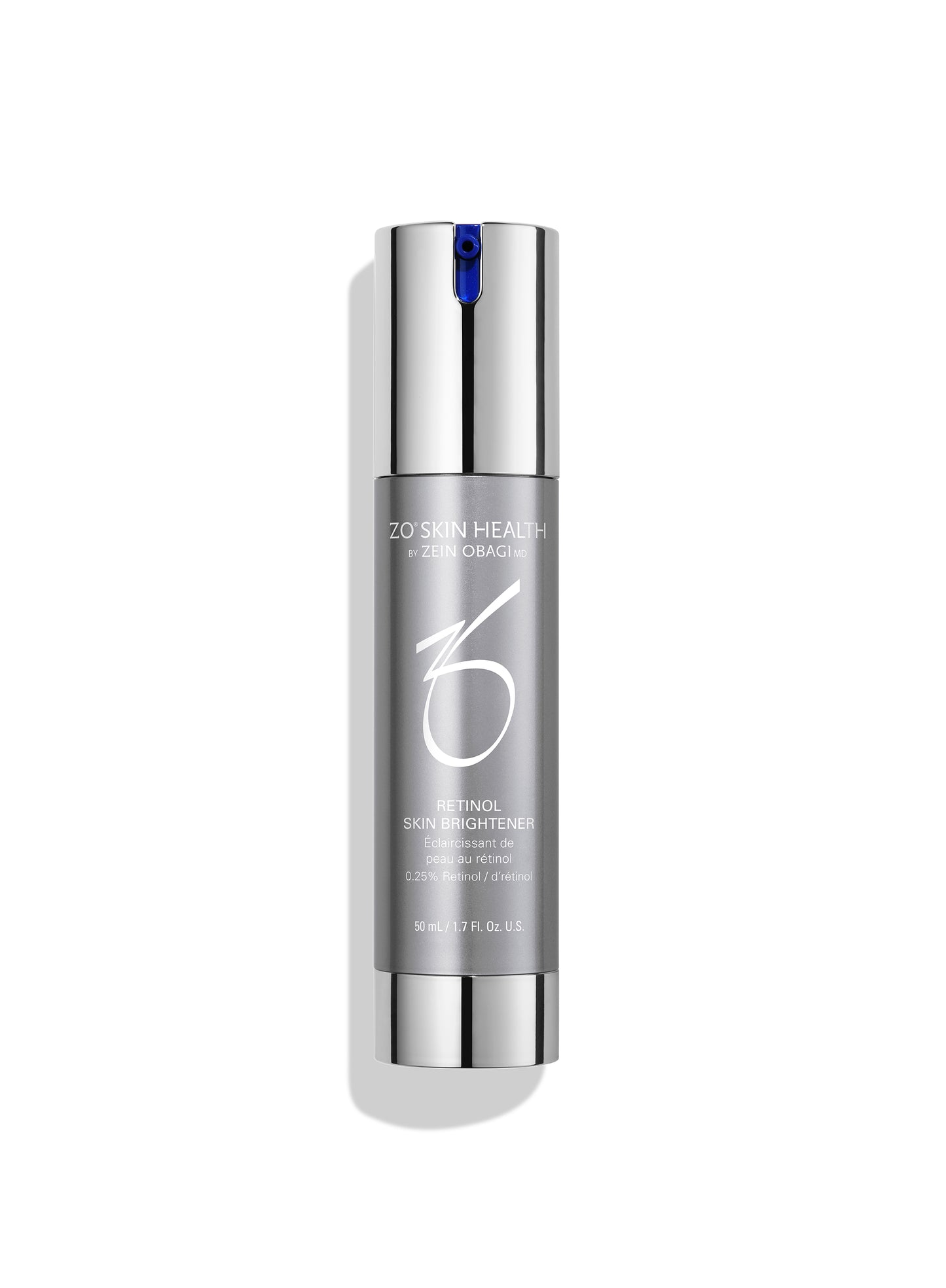 A silver cylindrical bottle of ZO Skin Health Retinol Skin Brightener with a metallic cap and a small blue accent at the top, shown on a clean white background.