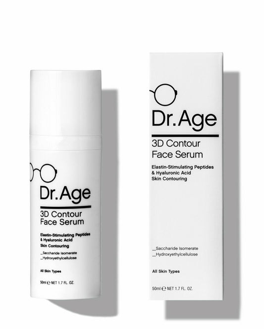 Dr. Age 3D Contour Face Serum shown in a white cylindrical bottle next to its matching white packaging box on a clean white background.