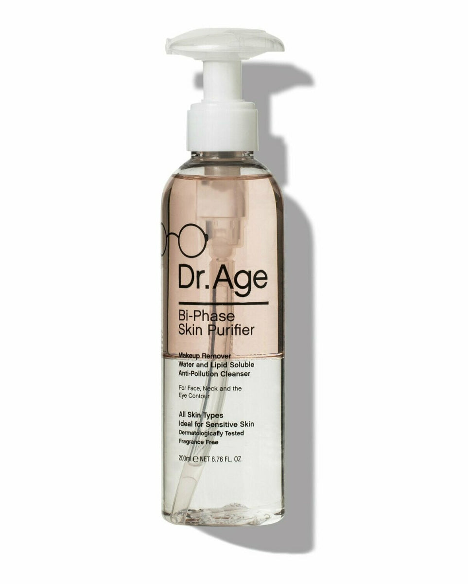 A clear pump bottle of Dr. Age Bi-Phase Skin Purifier with a white pump dispenser, containing a translucent light pink liquid, set against a plain white background with a soft shadow.