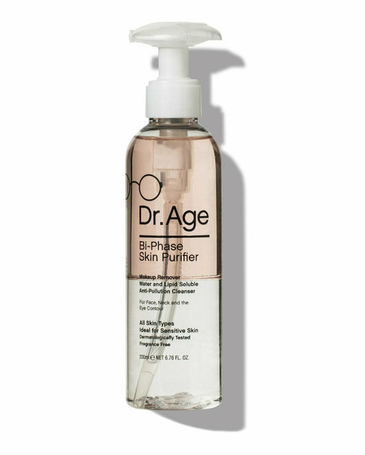 A clear pump bottle of Dr. Age Bi-Phase Skin Purifier with a white pump dispenser, containing a translucent light pink liquid, set against a plain white background with a soft shadow.
