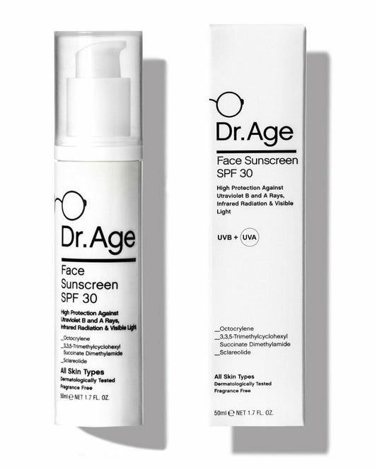Dr. Age Face Sunscreen SPF 30 shown in a white pump bottle next to its matching white rectangular box packaging, set against a clean white background with soft shadows.