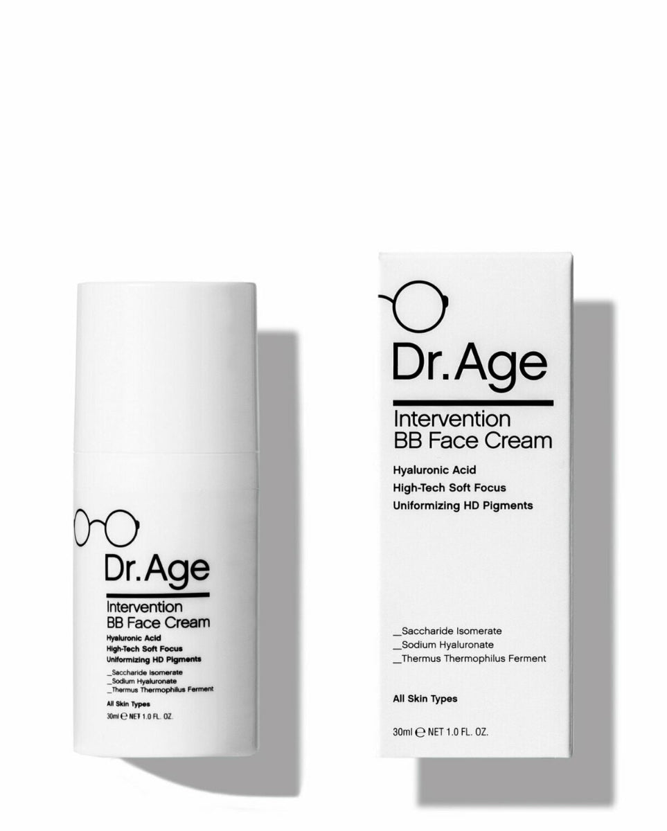 Dr. Age Intervention BB Face Cream 50ml bottle and its matching white packaging box, both featuring black text and a minimalist eyeglasses logo, set against a clean white background with soft shadows.
