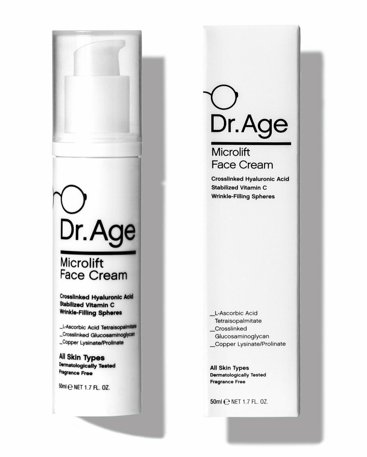 Dr. Age Microlift Face Cream shown in a white pump bottle and its matching white outer box on a clean white background.