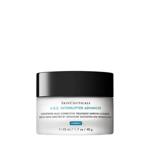 A jar of SkinCeuticals A.G.E. Interrupter Advanced cream on a plain white background.