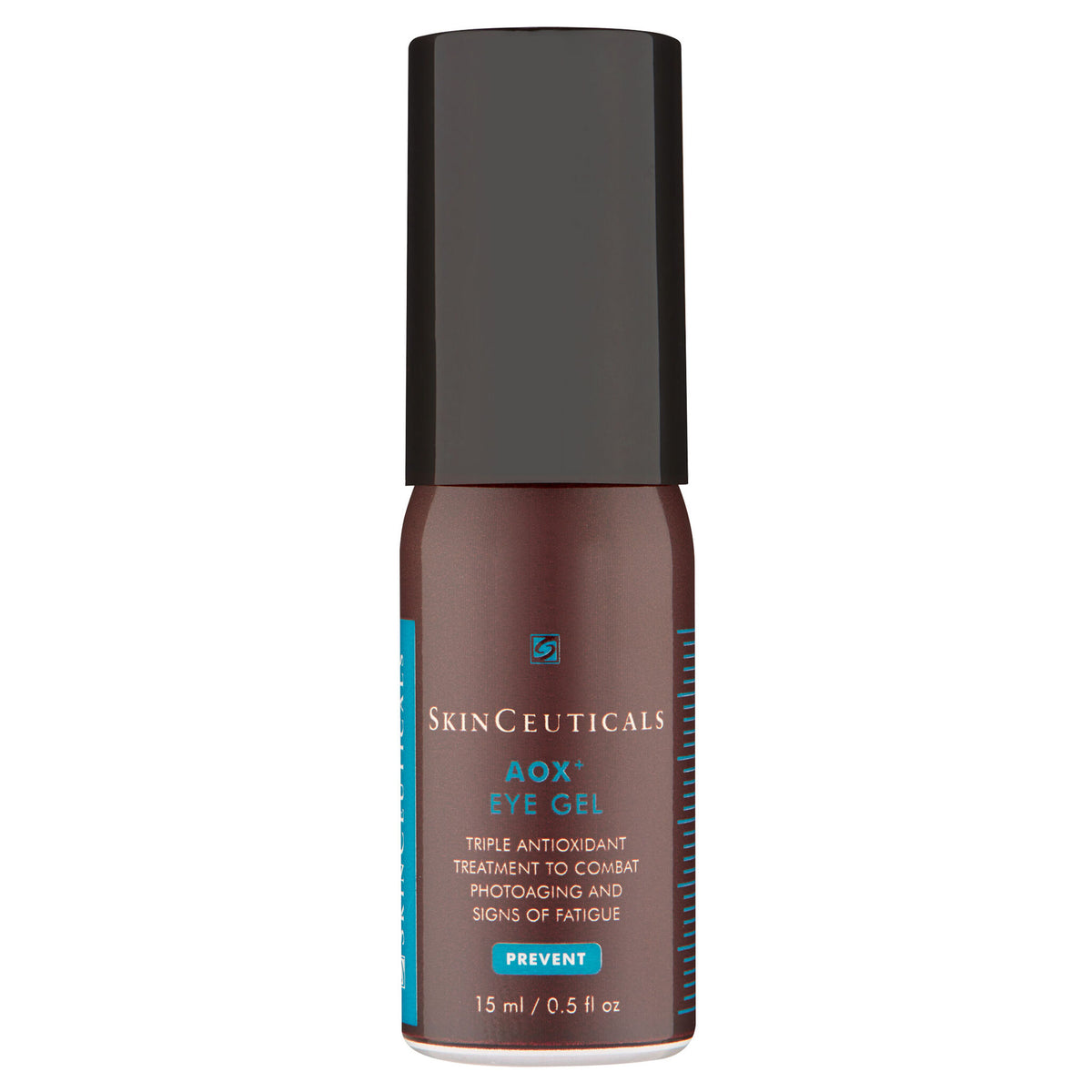 A bottle of SkinCeuticals AOX Eye Gel with a dark brown body, black cap, and blue and white text on a white background.