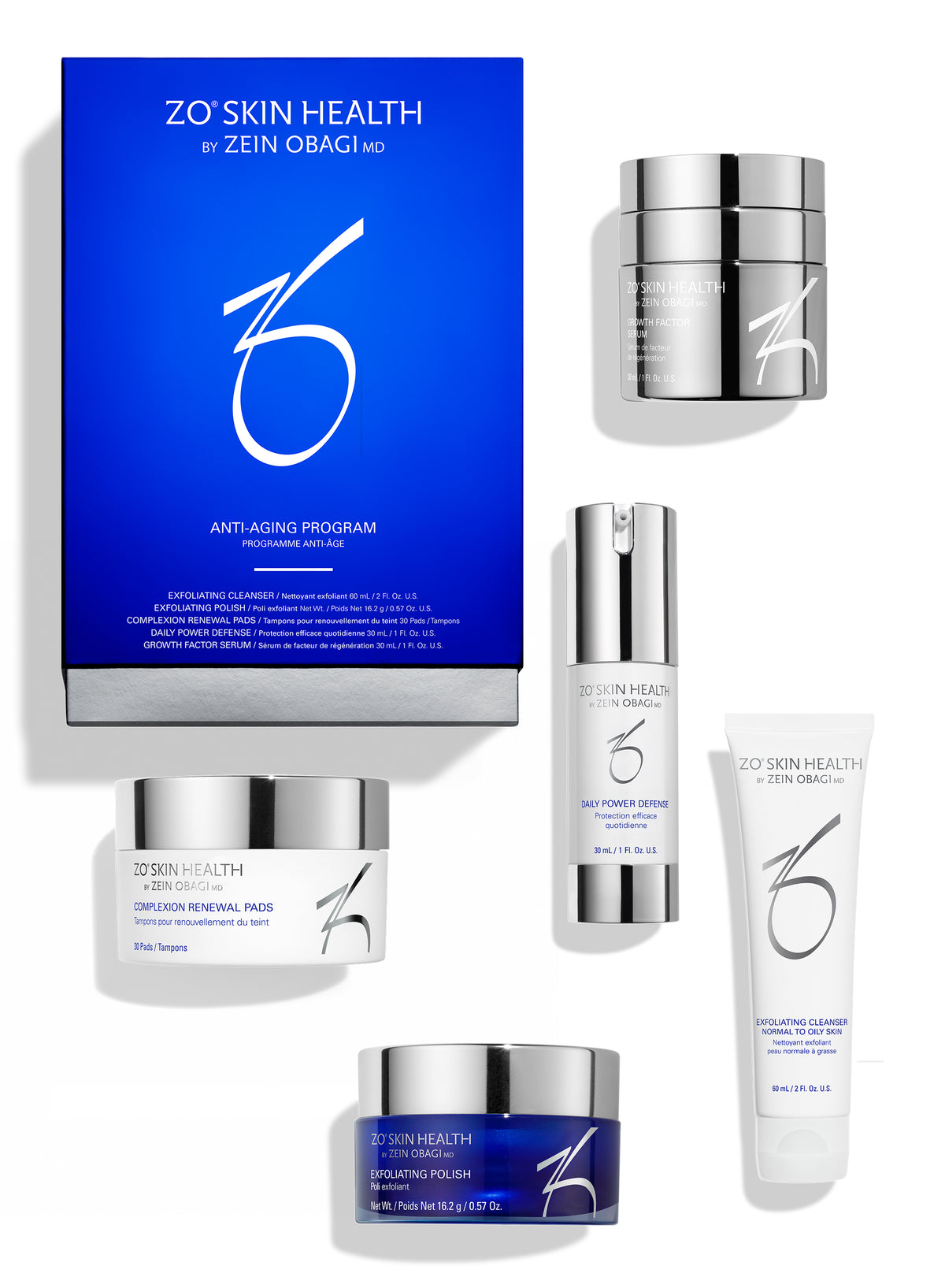 ZO Skin Health by Zein Obagi Anti-Aging Program set, featuring a blue and silver outer box, a white cream jar, a silver pump bottle, a white tube, and a blue-and-silver powder jar, arranged on a white background.