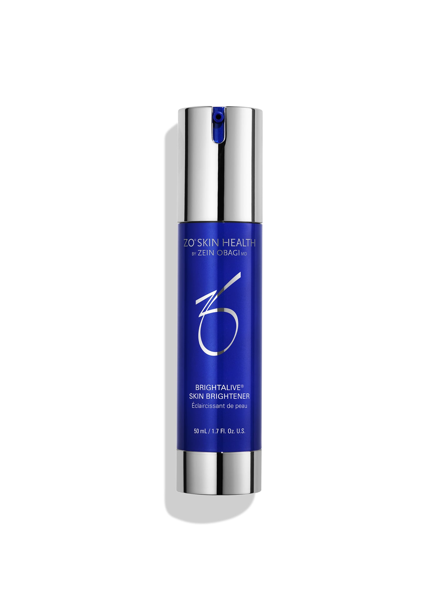 A 3D Skin Health Brightalve Skin Brightener bottle with a metallic silver cap and base, and a deep blue central label, shown on a clean white background with a soft shadow.