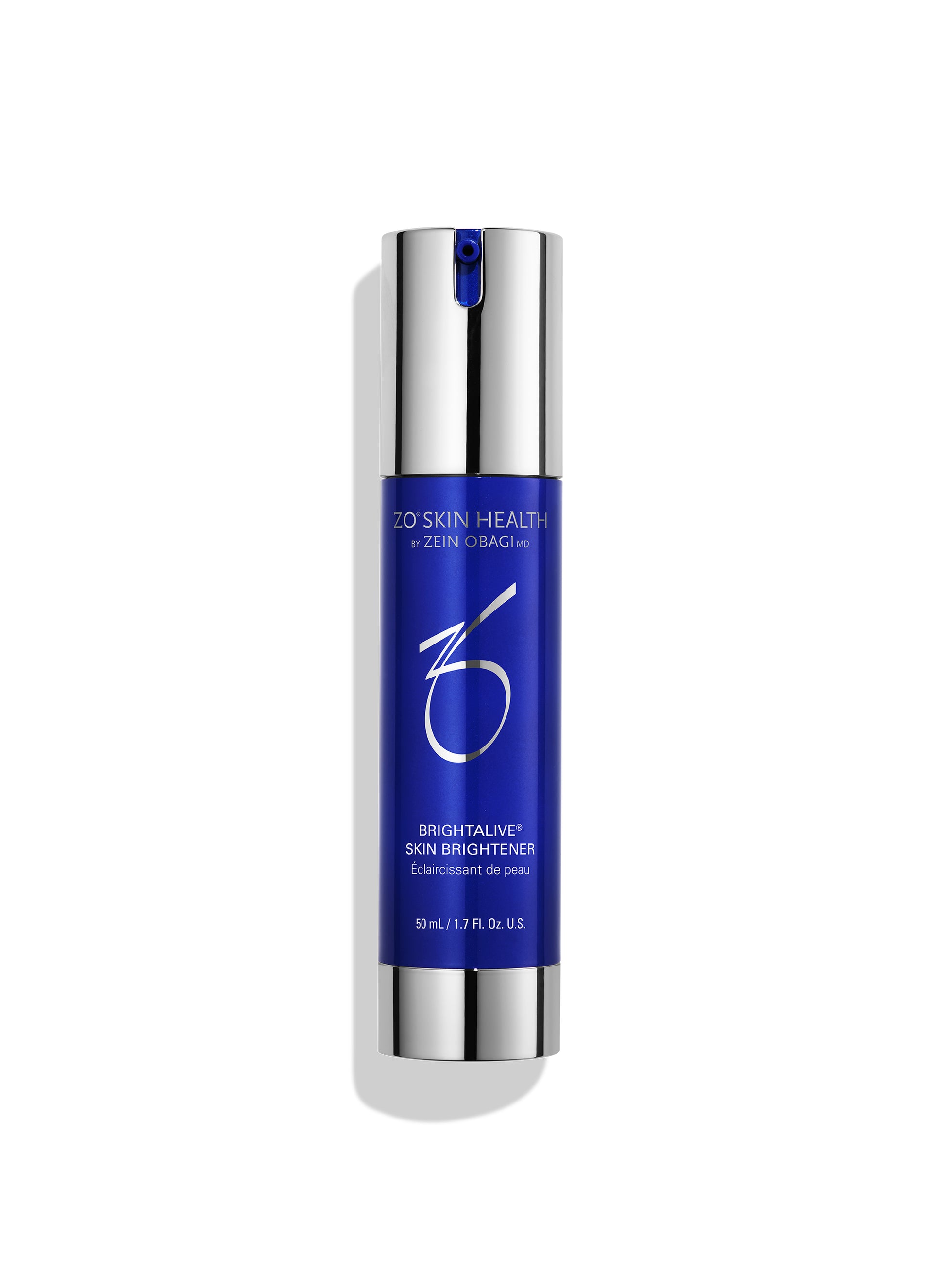 A 3D Skin Health Brightalve Skin Brightener bottle with a metallic silver cap and base, and a deep blue central label, shown on a clean white background with a soft shadow.