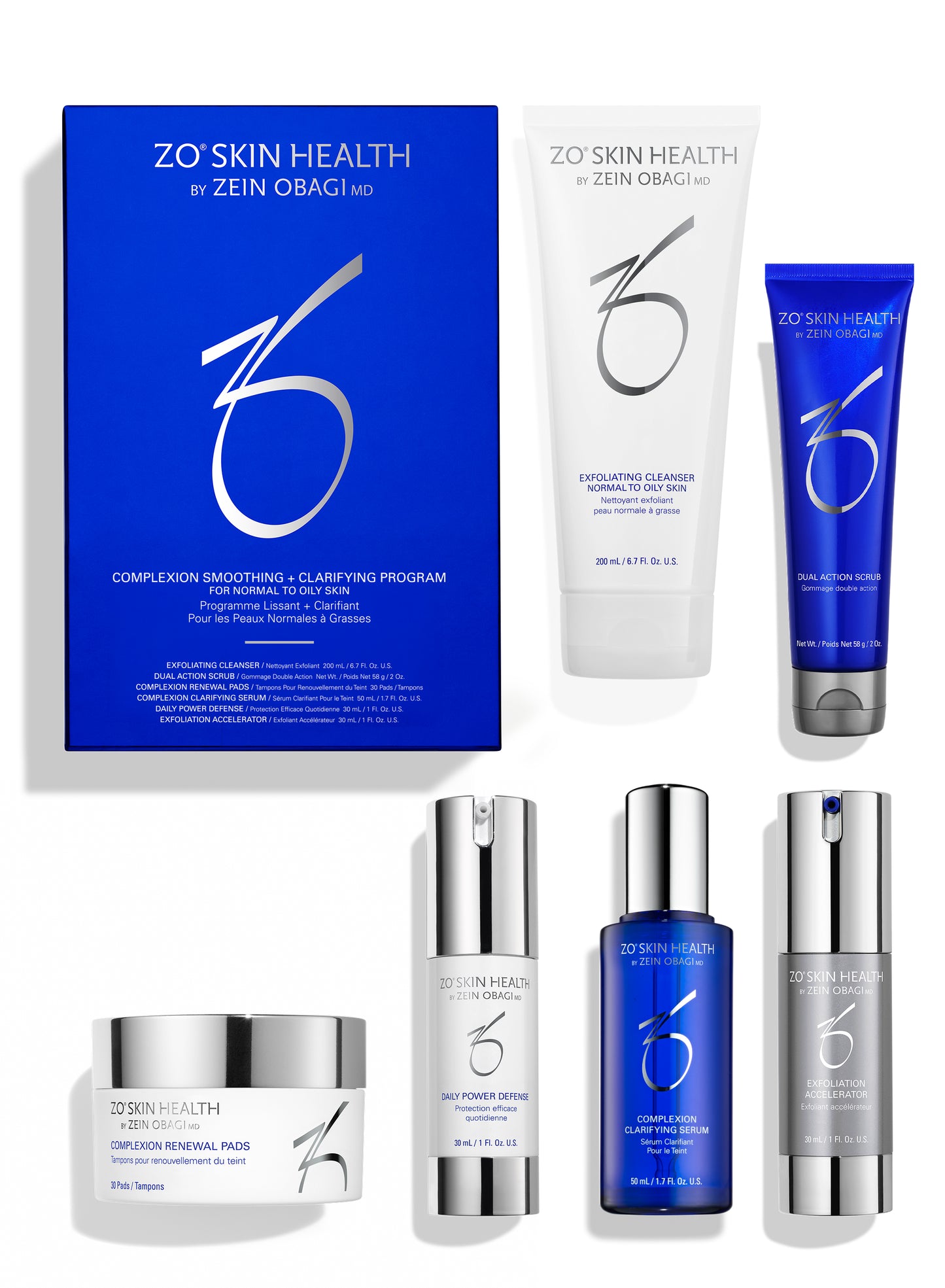 ZO Skin Health by Zein Obagi skincare set featuring a blue and white treatment box, a white cleanser tube, a blue toner tube, three serum bottles with silver caps, and a white moisturizing cream jar, arranged on a white background.