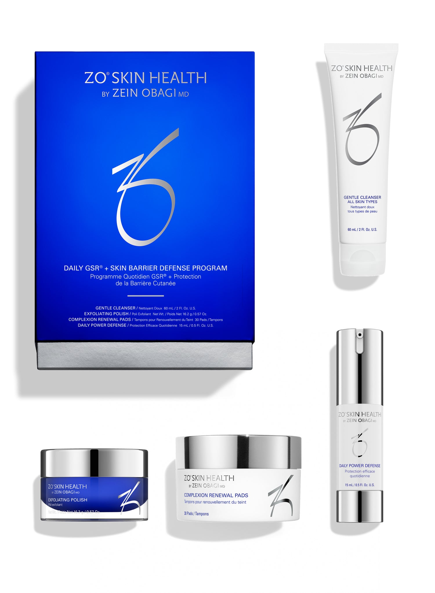 ZO Skin Health by Zein Obagi Daily GPF + Skin Barrier Defense Program skincare set, featuring a blue and silver outer box, a white tube, a white bottle, and two white jars with silver lids, arranged on a white background.