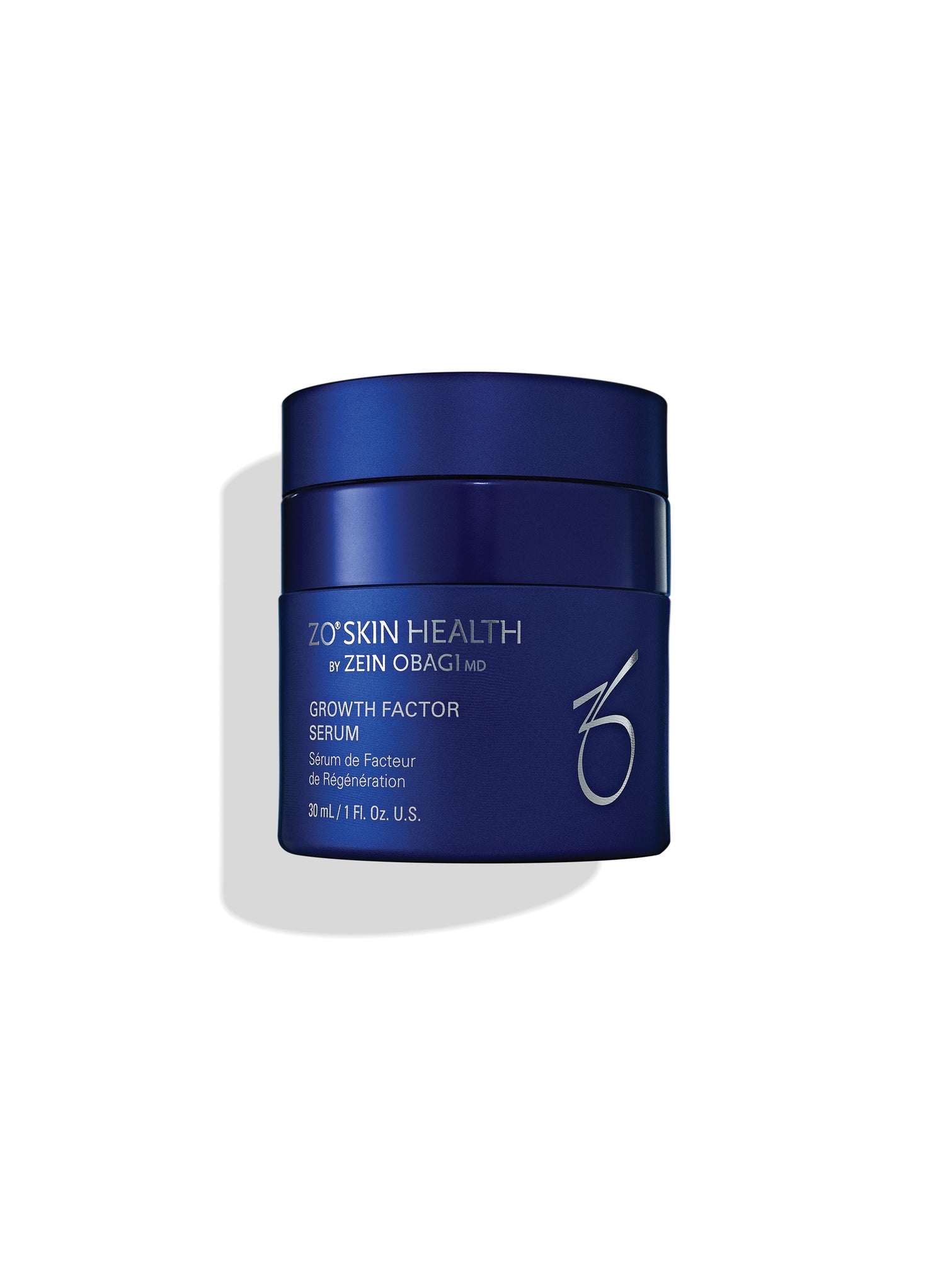 Blue jar of ZO Skin Health serum on a white background.