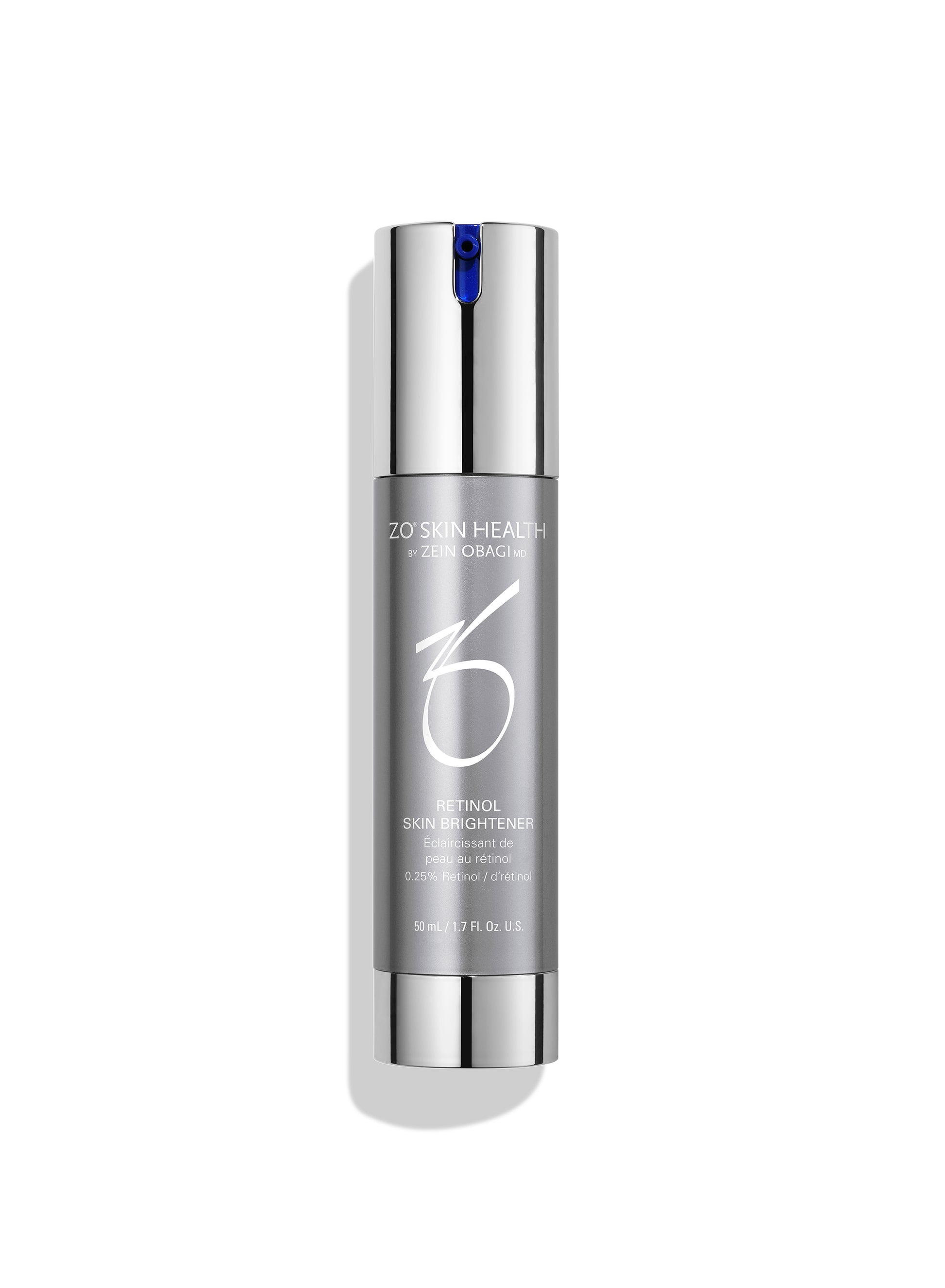 A silver cylindrical bottle of ZO Skin Health Retinol Skin Brightener with a metallic cap and a small blue accent at the top, shown on a clean white background.