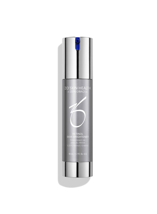 A silver cylindrical bottle of ZO Skin Health Retinol Skin Brightener with a metallic cap and a small blue accent at the top, shown on a clean white background.