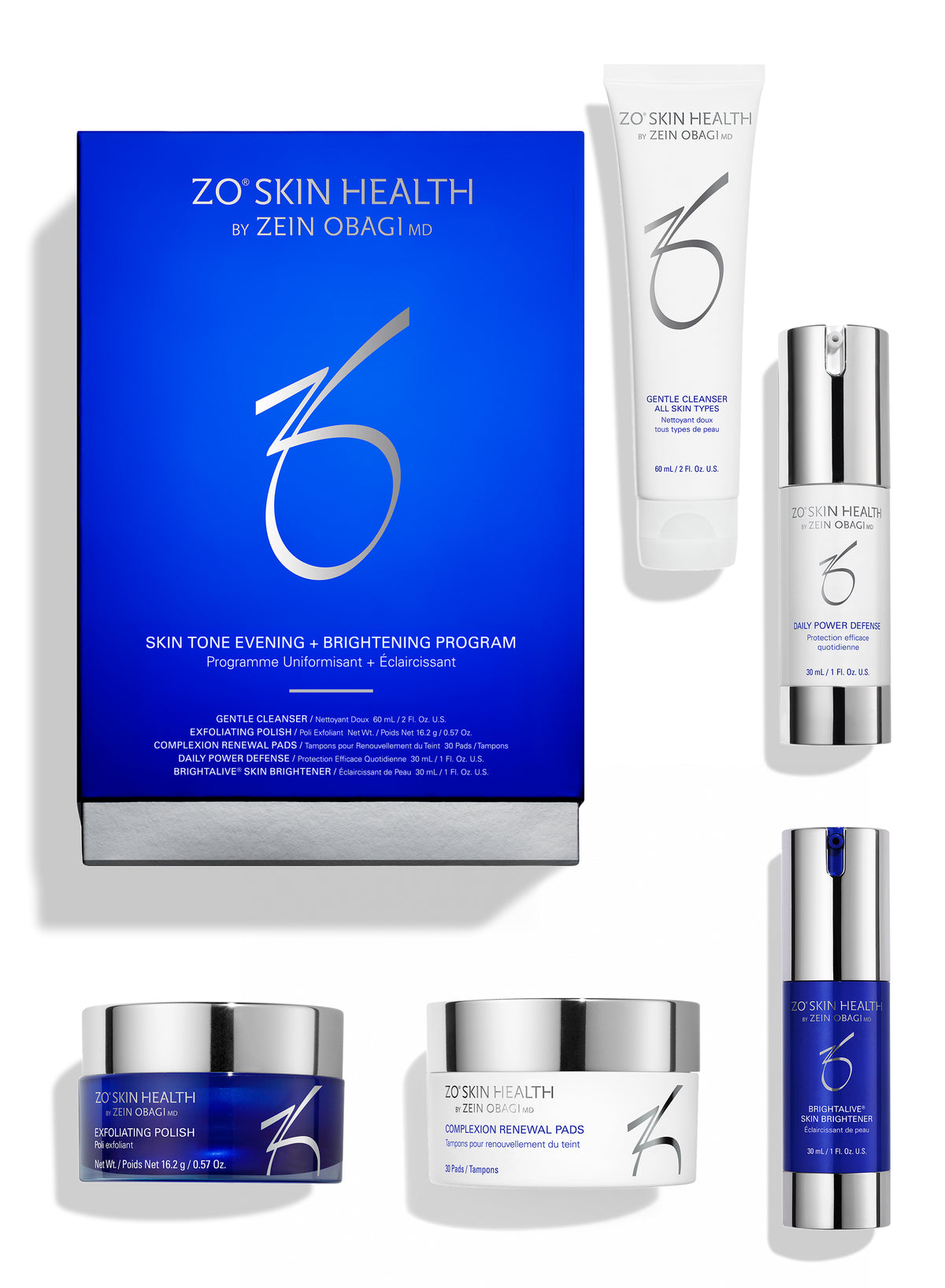 ZO Skin Health by Zein Obagi skincare set featuring a blue and silver main box, a white tube, a white bottle with silver pump, a white jar with silver lid, and a blue bottle with silver cap, arranged on a white background.