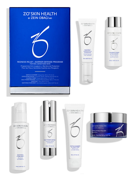 ZO Skin Health skincare products including a box and various bottles on a white background.